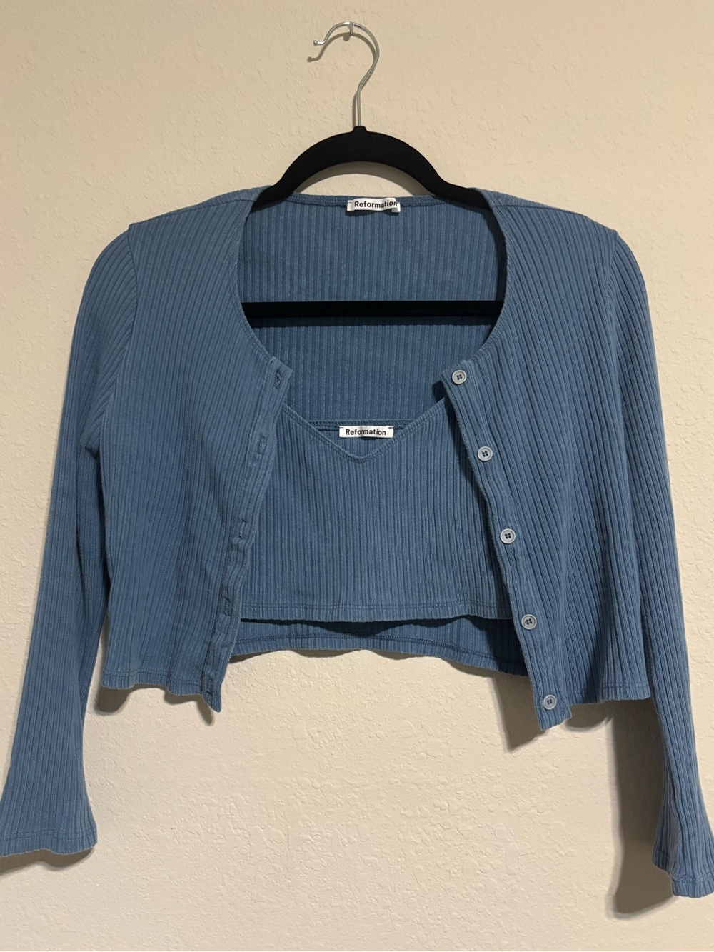 Reformation Blue Ribbed Cami and Cardigan Set